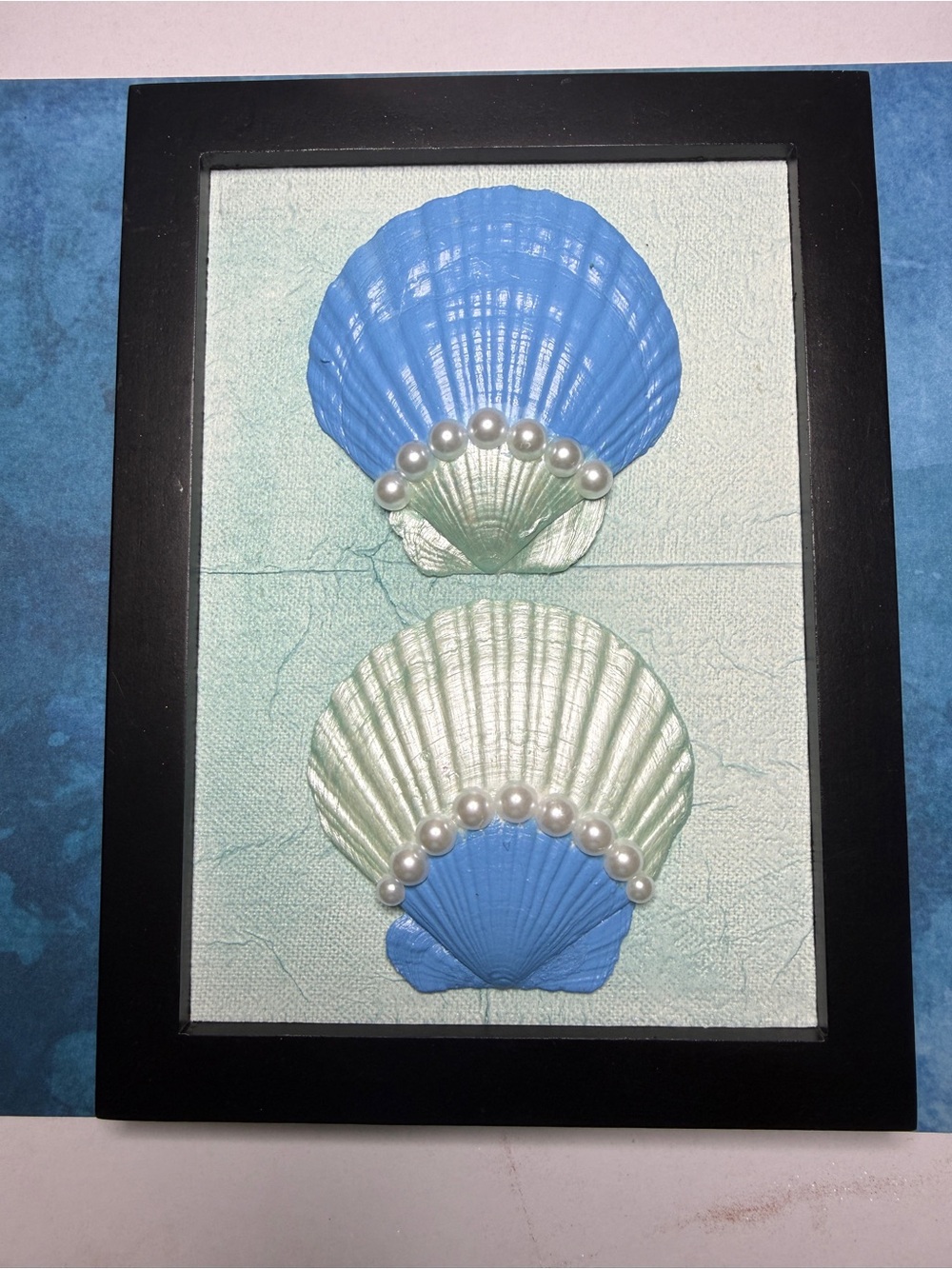 Seashell Wall Art with Pearl Accents - Blue & Mint. Handcrafted